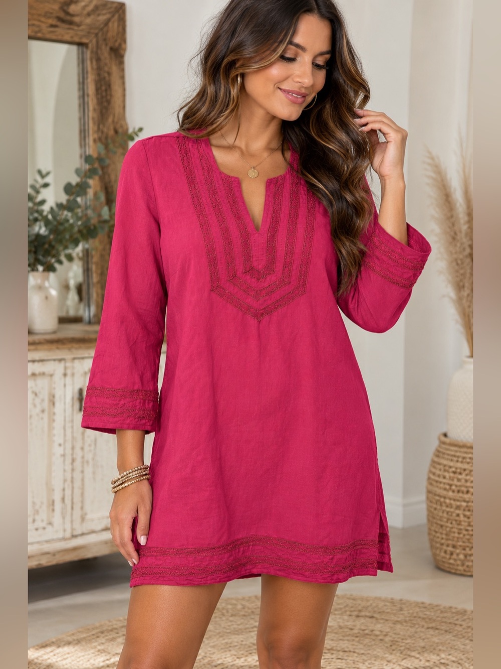 Cotton World Corp Embroidered Tunic in Pink Size Small